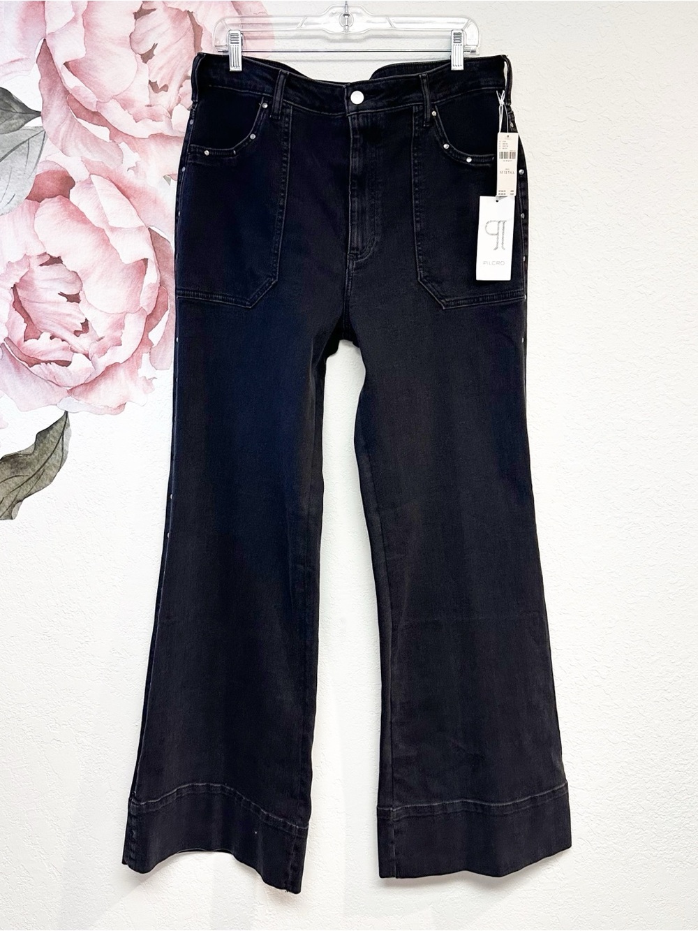 Pilcro Anthropologie The Rylan Black Studded Relax Hi Rise Flare Jeans NWT 32T - Picture 5 of 15